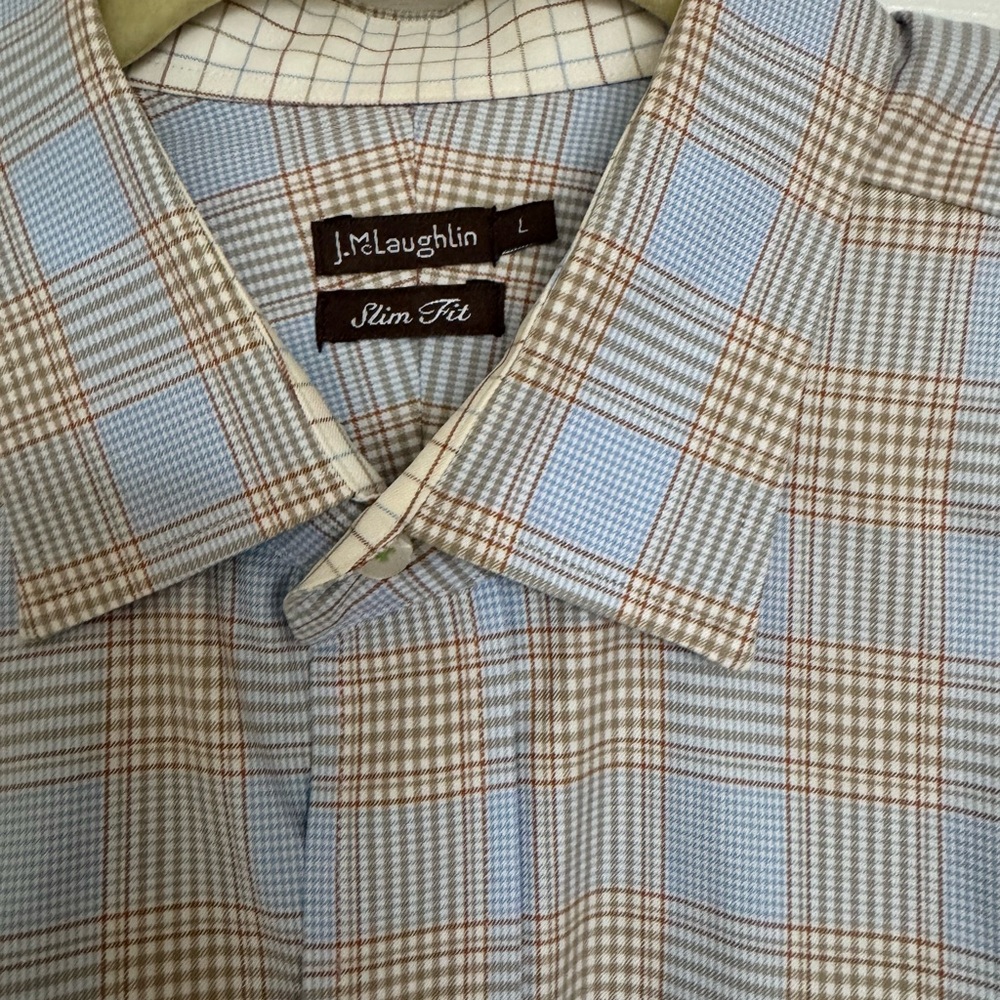J. McLaughlin Men's Slim Fit Blue and Tan Check Shirt